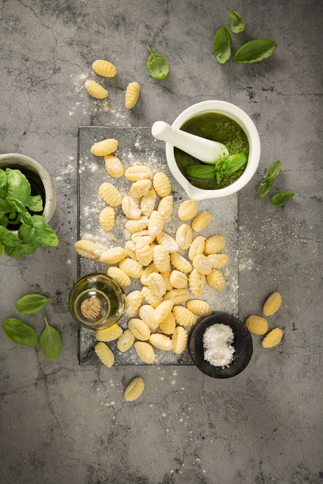 gnocchi pesto, sauce, ligurian sauce, regional, ladl, fork, basil, leaf, fresh, home made, mortar and pestle, olive oil, sesoning, raw food, 