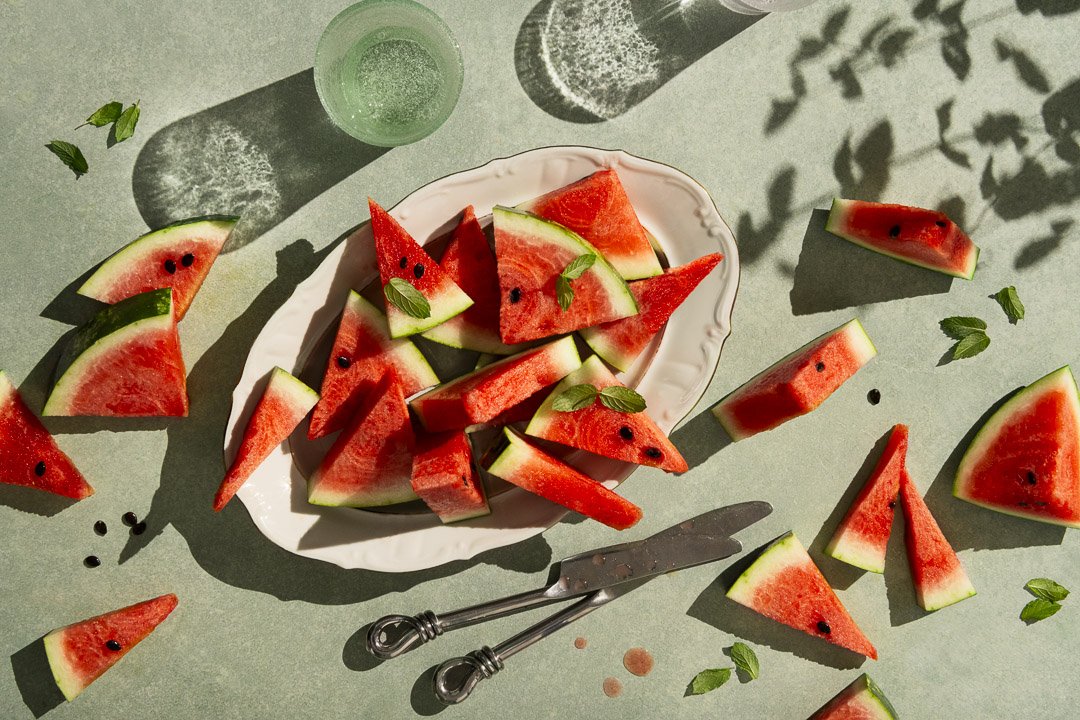 watermelon, high key, summer, fruit, mint leaf, hard light, 
