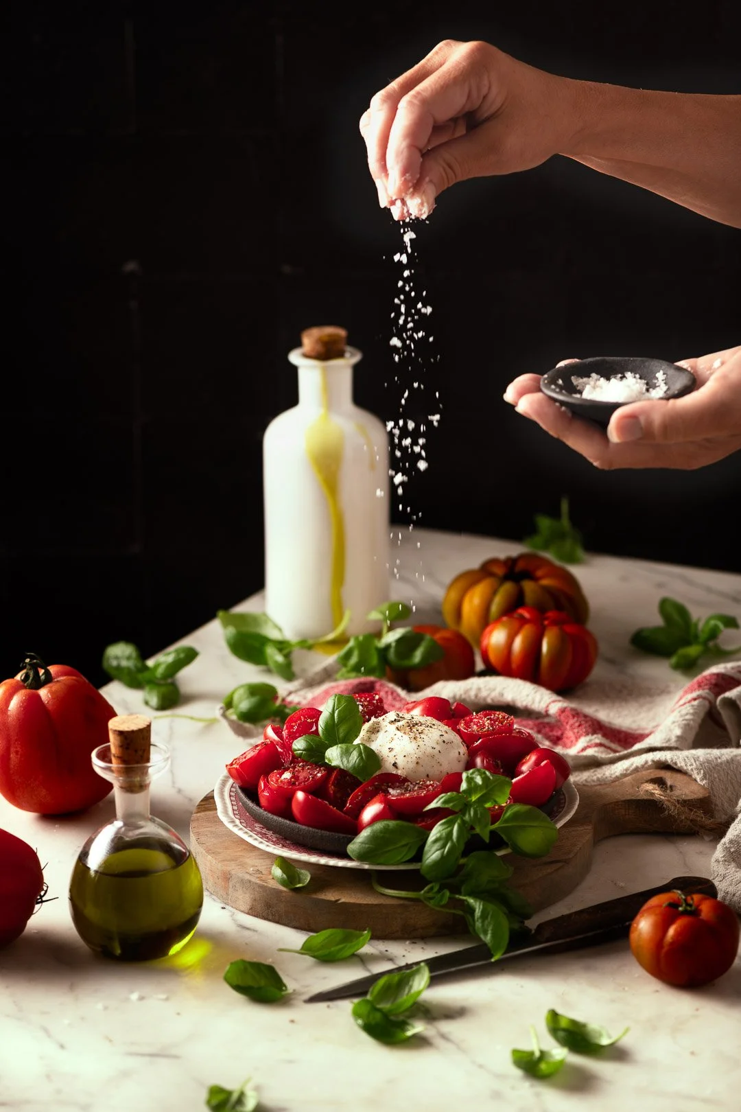 caprese salad, mozzarella, burrata, cheese, typical italian, basil hand, salt