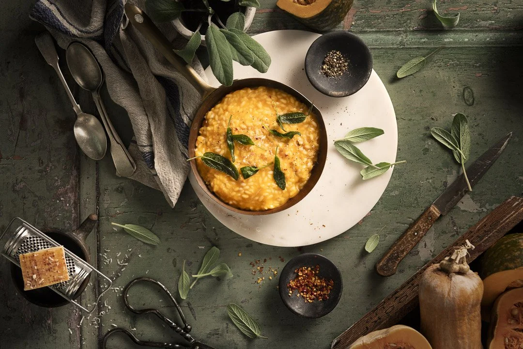 pumpkin risotto with fried sage leaves and seasoning