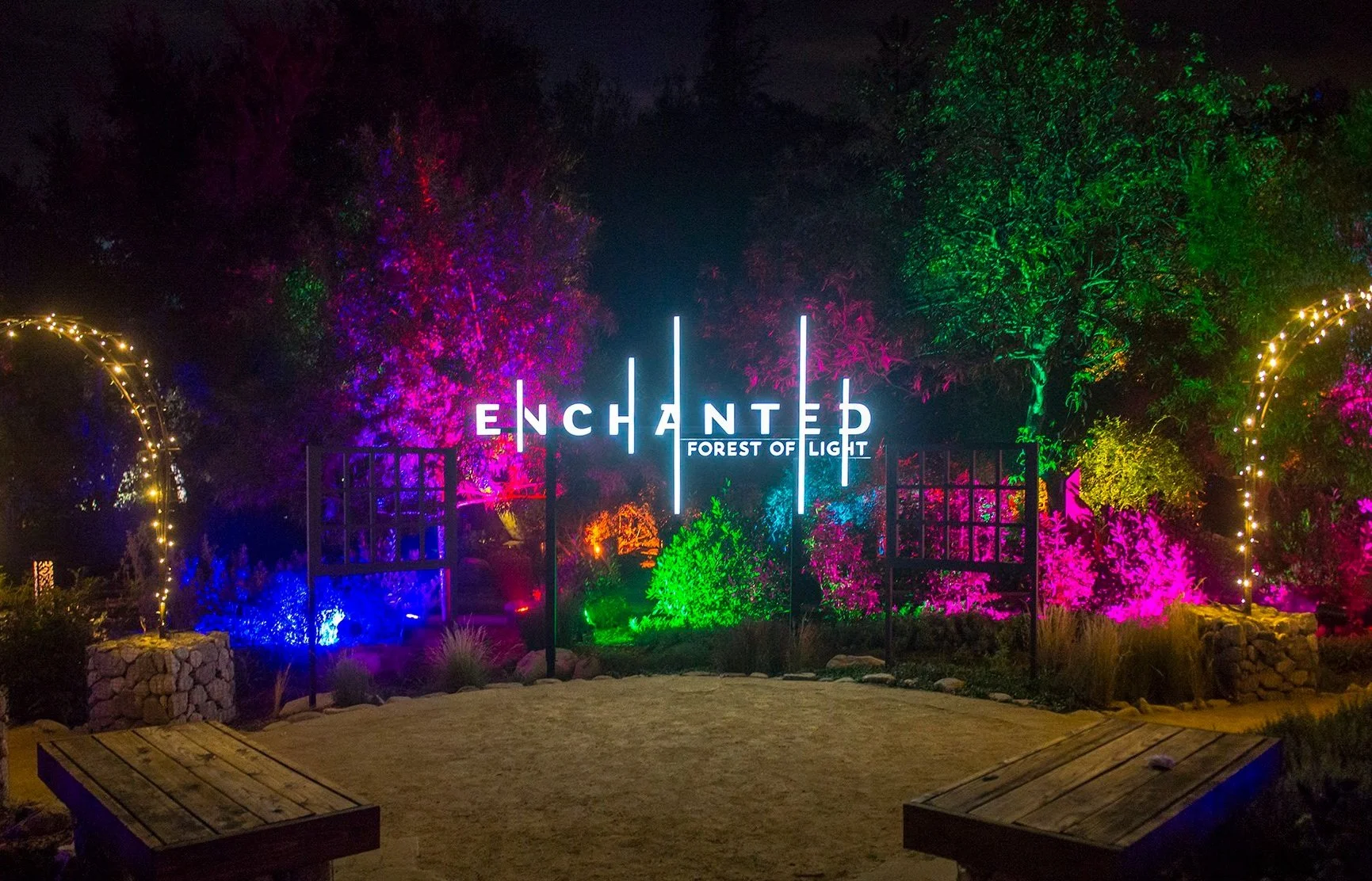 Nighttime scene with colorful lights illuminating trees and bushes, with a sign reading 'Enchanted Forest of Light' in the center, creating a festive atmosphere.