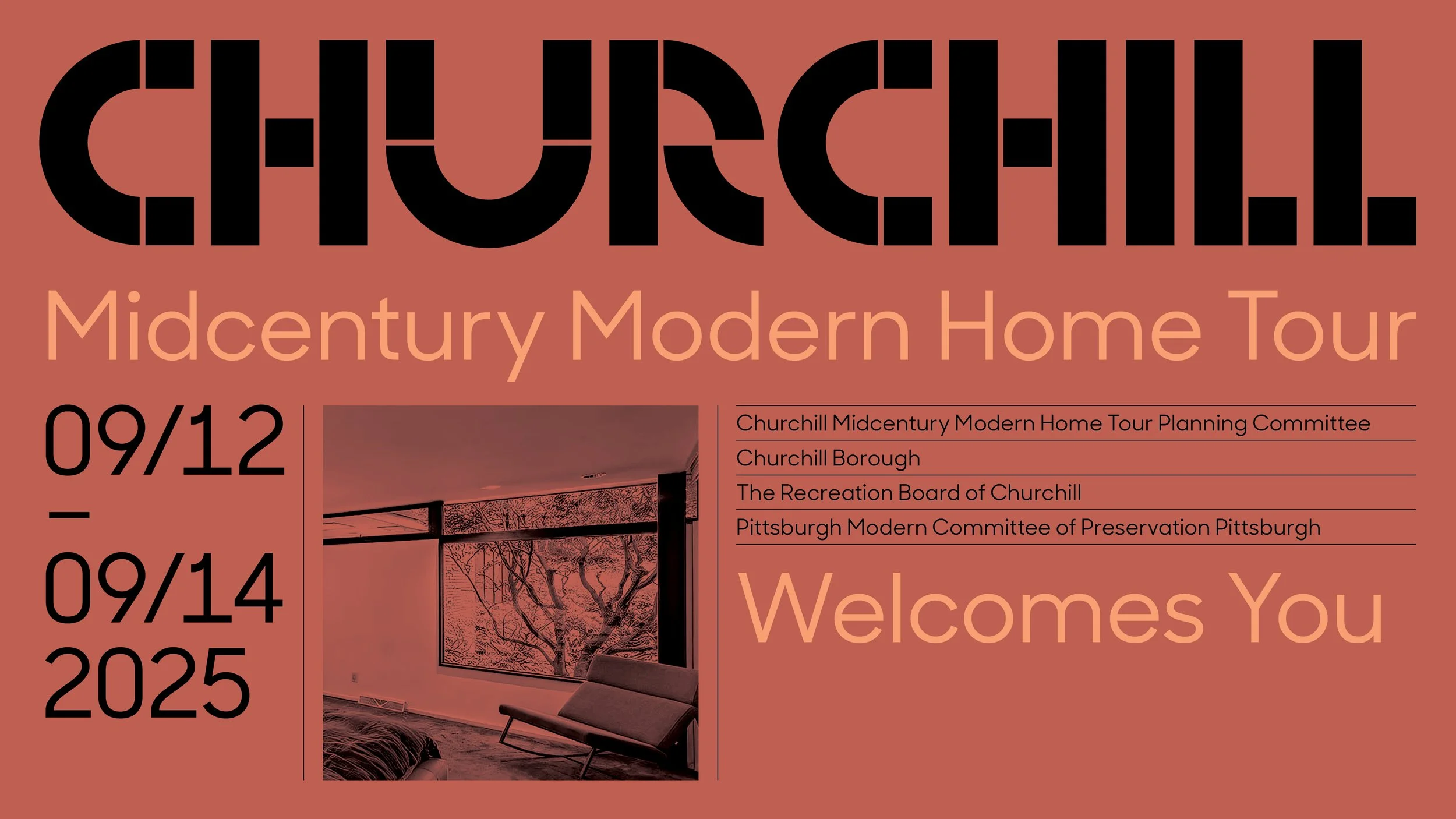 Event poster for Churchill Midcentury Modern Home Tour from September 12 to September 14, 2025, featuring indoor modern furnishings and art, with details of organizing committees and a welcoming message.