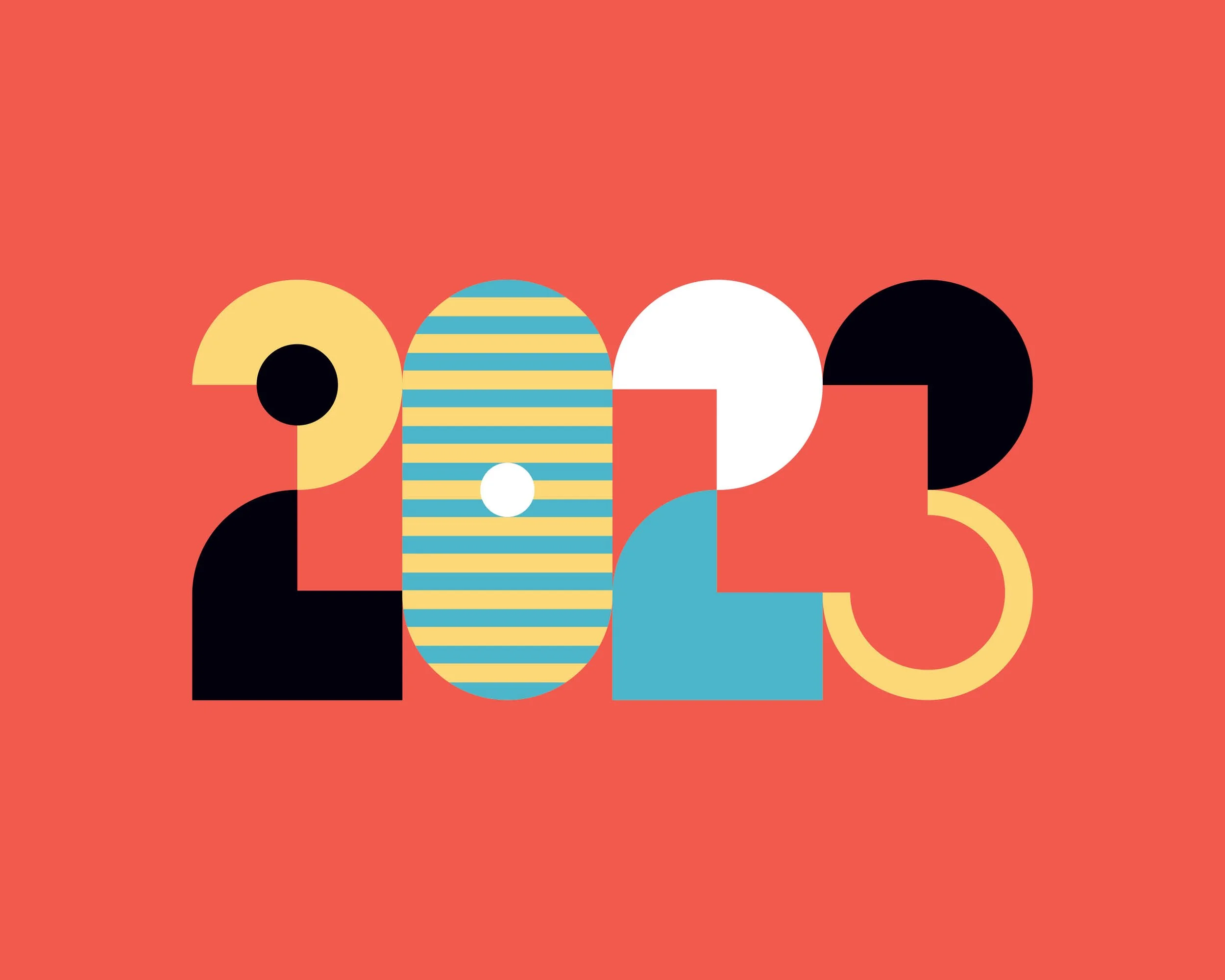 Colorful abstract design featuring the year 2023 with numbers in different colors and patterns on a coral background.