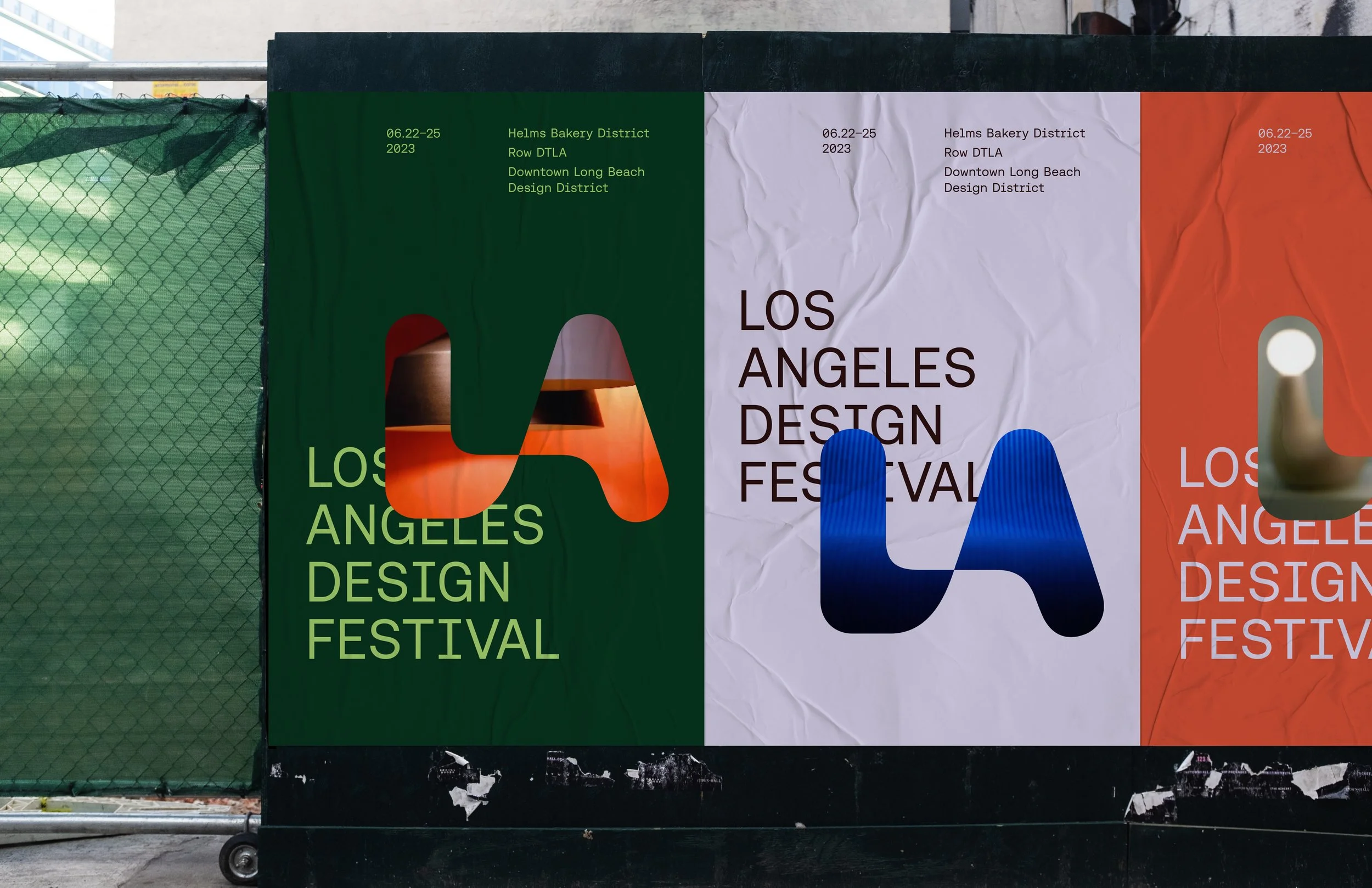 Colorful poster advertising the Los Angeles Design Festival, held from June 22 to June 25, 2023, in Downtown Long Beach, featuring different vibrant background sections and stylized text.