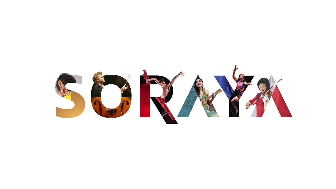 The word "SORAYA" with each letter filled with images of women playing musical instruments and dancing.