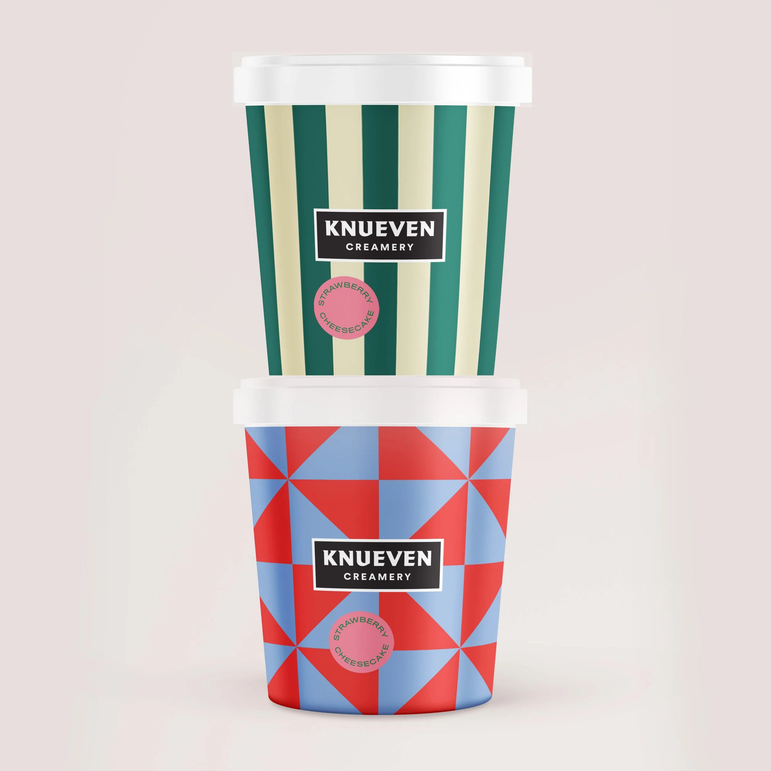 Two colorful ice cream containers labeled Knueven Creamery, with one featuring green and cream vertical stripes and the other blue and red geometric patterns, both with white lids.