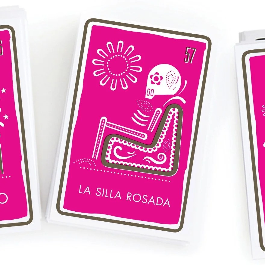 Special edition collector cards design Gloria Molina's Grand Park's annual Dia de los meurtos event.  Featuring pink illustrations with a stylized drawing of a chair, a skull, a sun, and abstract patterns.