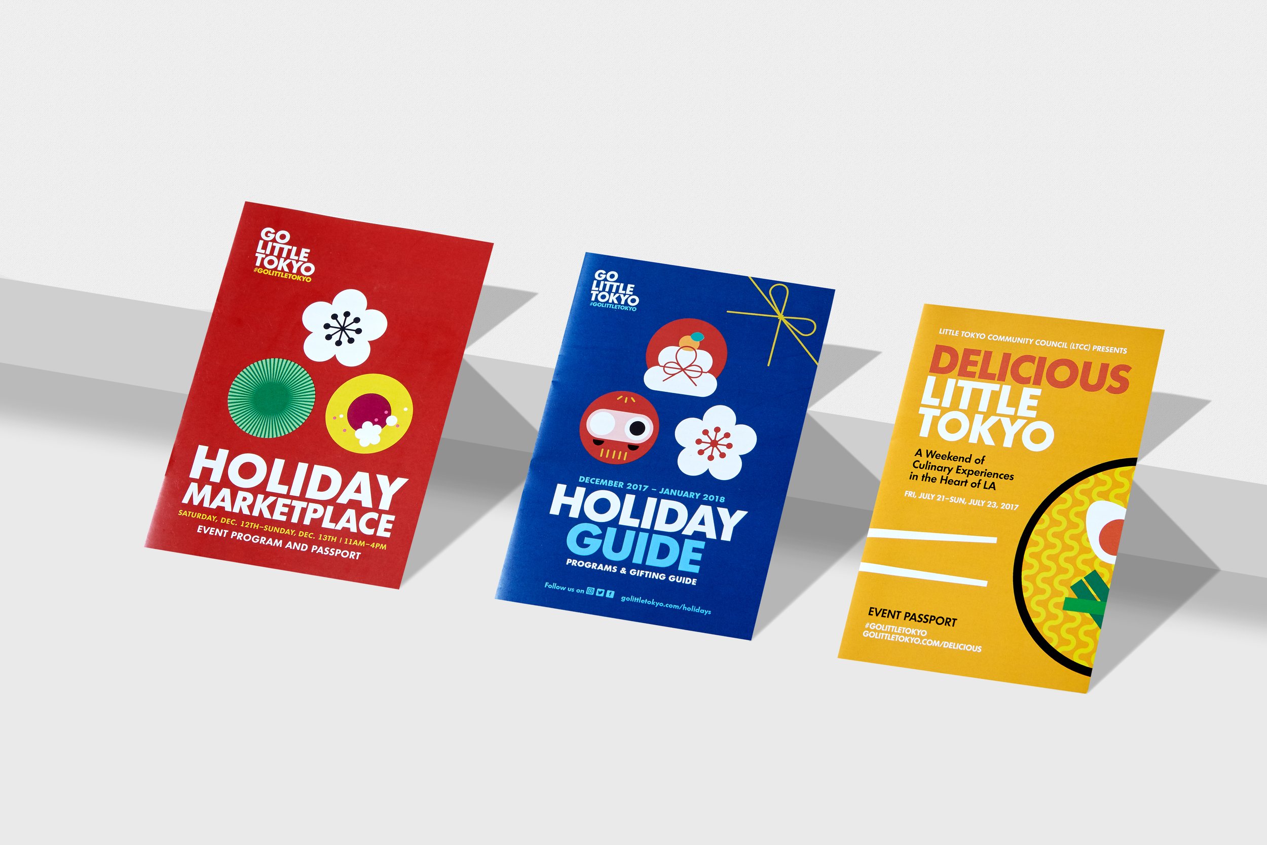 Three colorful holiday event flyers for Little Tokyo, featuring festive illustrations and event details.