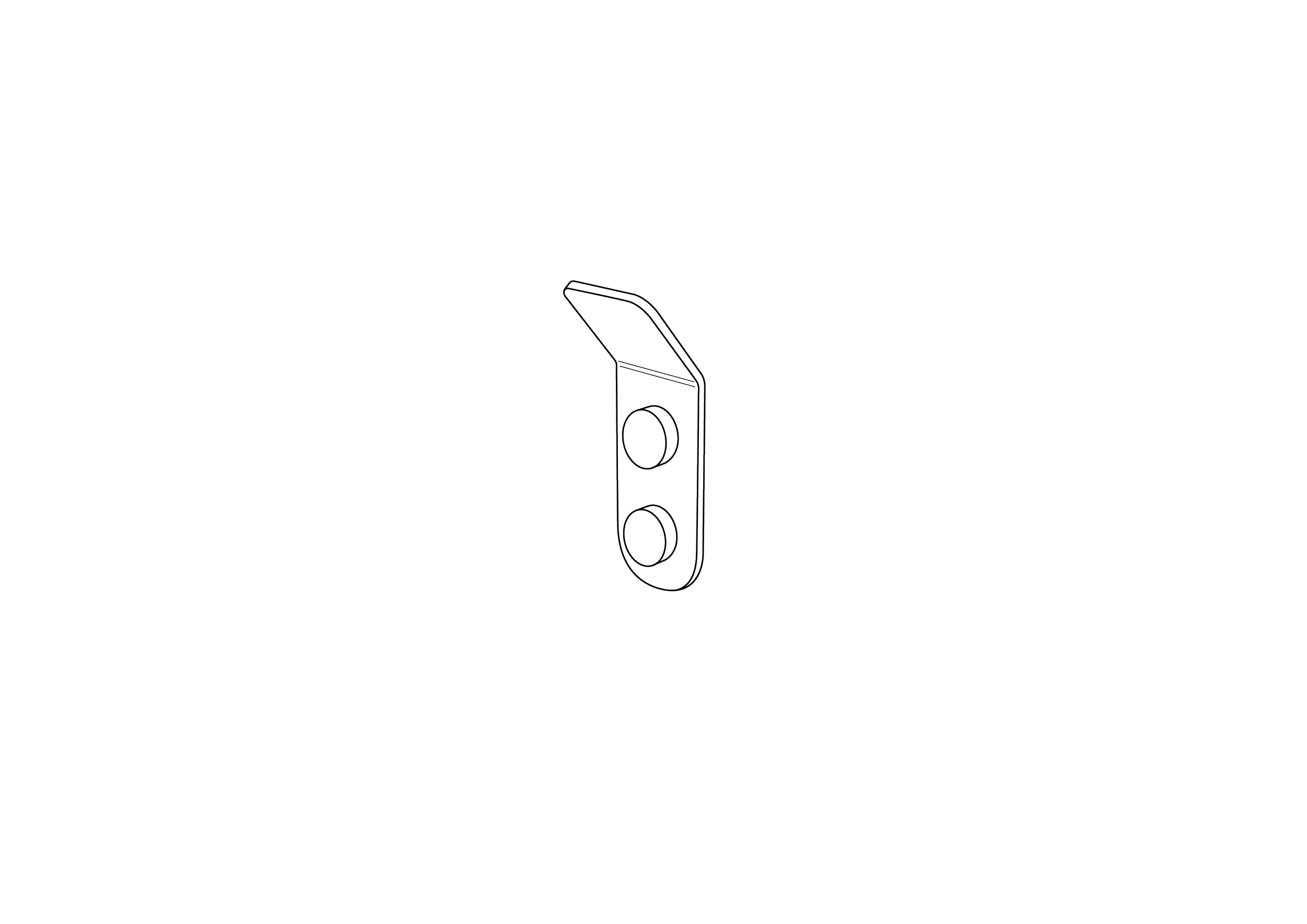 Line drawing of a small, black, rectangular electronic device with rounded edges, two circular buttons on the front, and a hinged lid on top, set against a black background.
