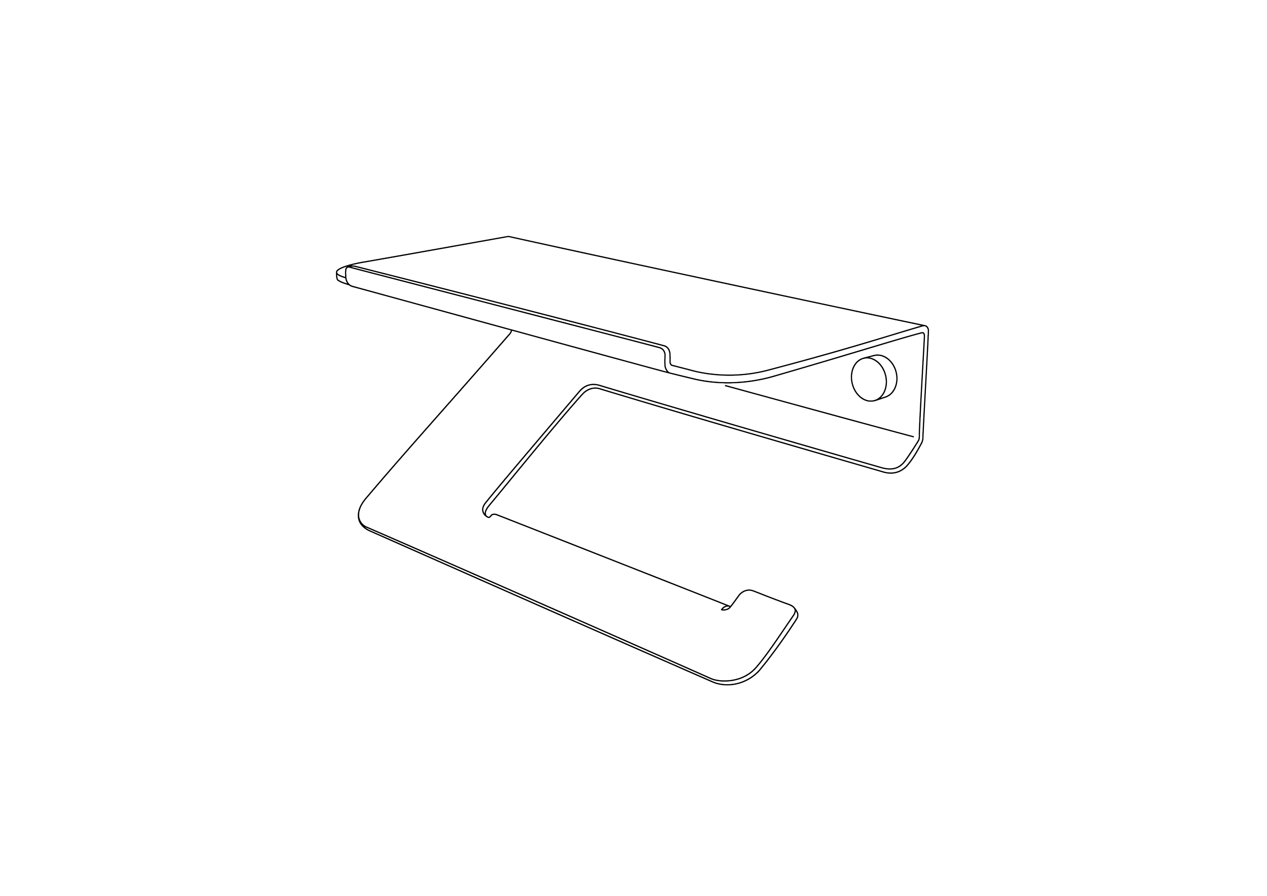 Line drawing of a L-shaped phone stand with a circular hole on the side