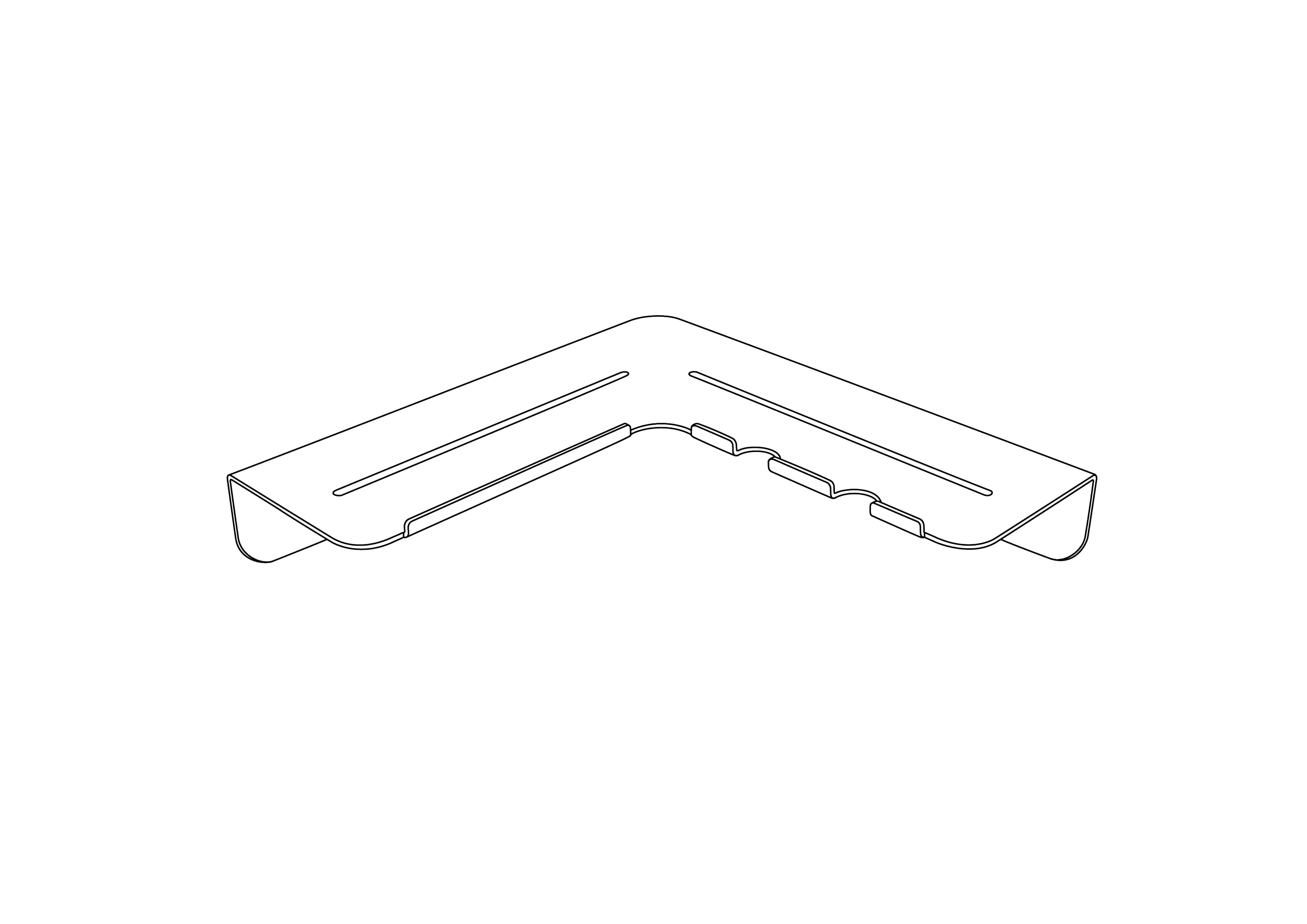 Line drawing of a metal corner shelf with multiple slots for holding items.
