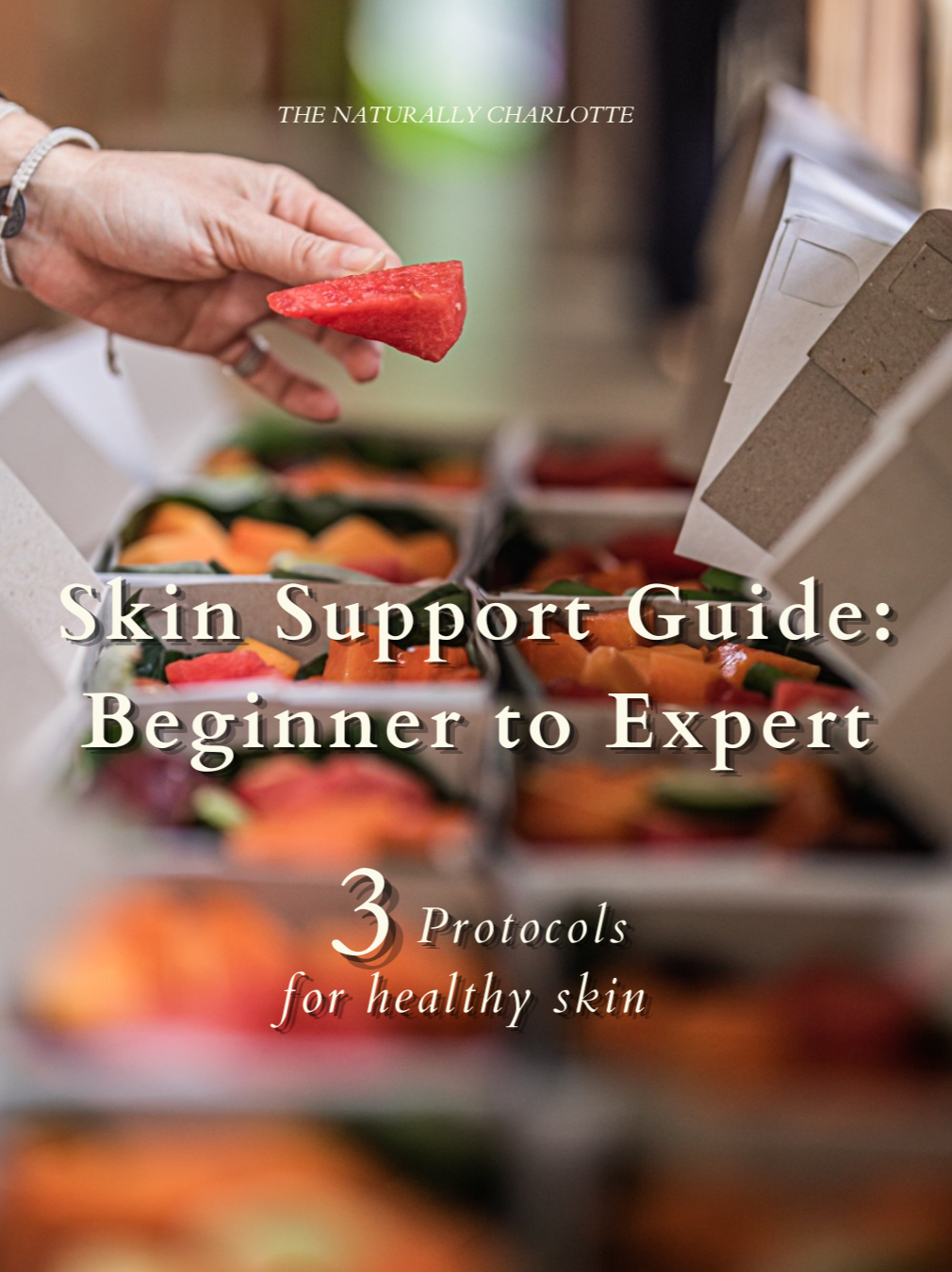 Close-up of a hand holding a slice of watermelon with colorful fruit or vegetable slices in boxes in the background, used as cover for a skin support guide booklet.