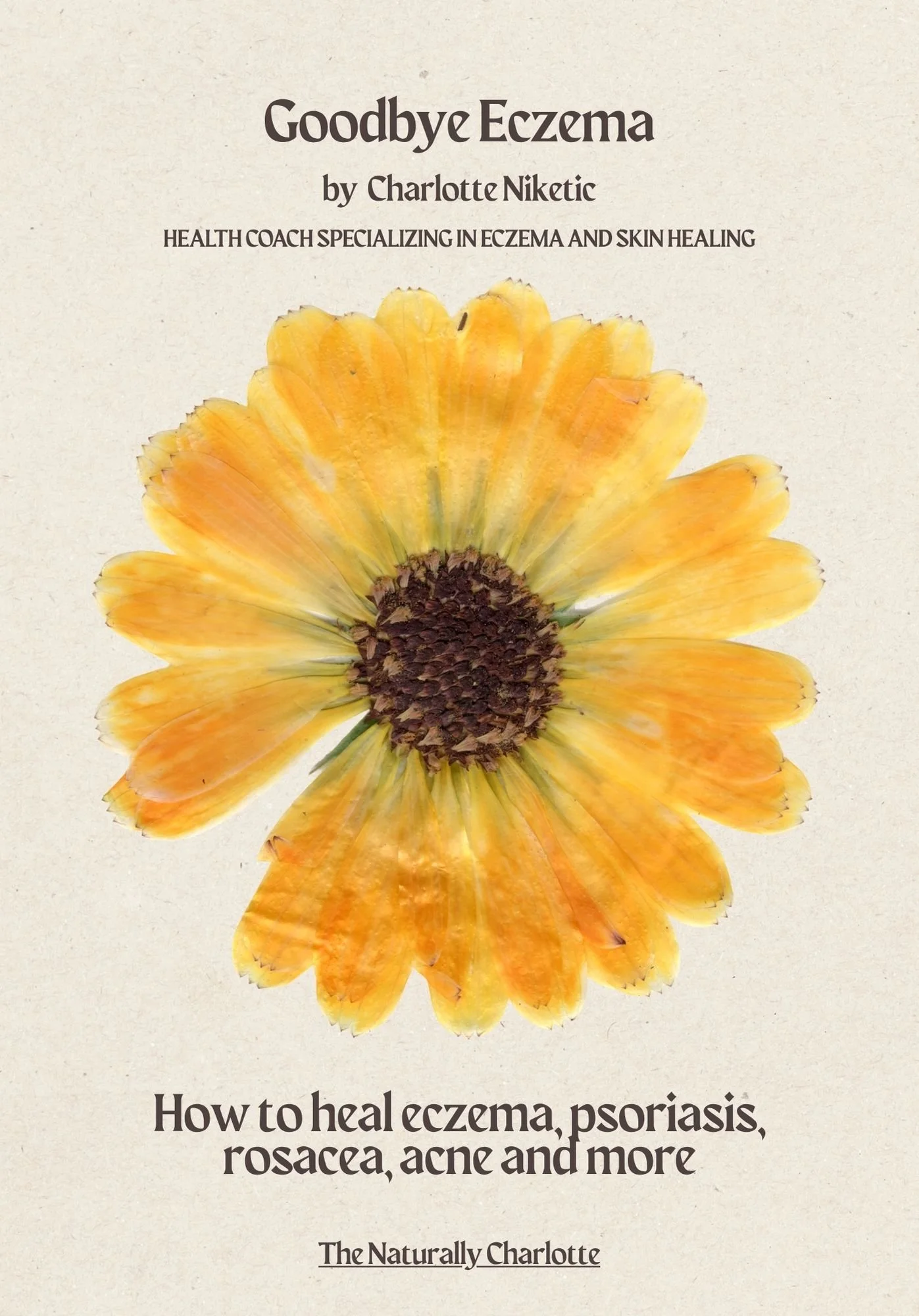 Book cover titled "Goodbye Eczema" by Charlotte Niketic, featuring a large yellow and orange flower with a dark brown center, and below the flower, the text "How to heal eczema, psoriasis, rosacea, acne and more".