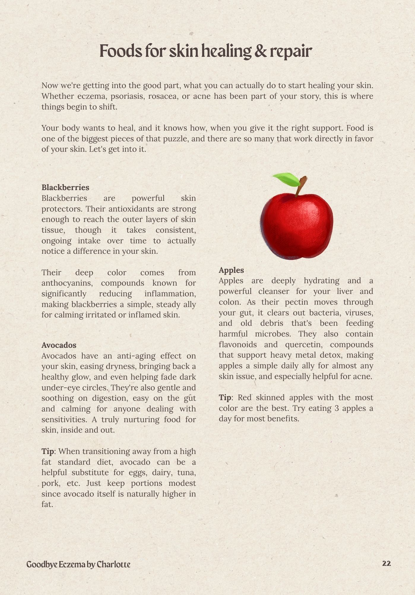 A page from a book or magazine discussing skin healing foods, featuring a photographic illustration of a red apple with a green leaf.