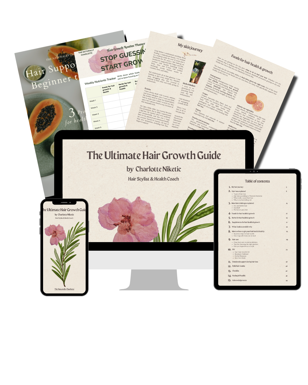 A collection of digital and printed materials about hair growth, including a guidebook titled 'The Ultimate Hair Growth Guide,' a planner, notes, and tablets displaying the table of contents and other pages. The materials feature floral and natural themes.