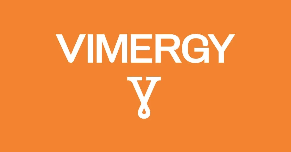 Orange background with the word 'VIMERGY' in white text and a white droplet icon below the text.