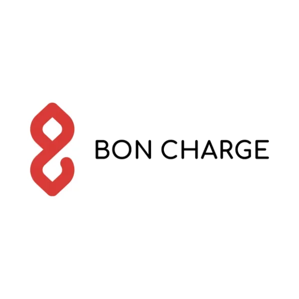 Logo with a stylized red figure and the words 'BON CHARGE' in black text.