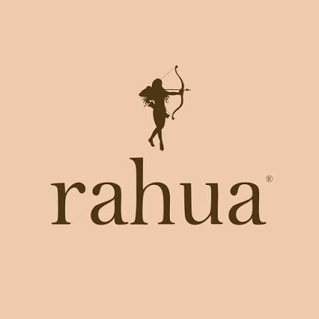 Logo with a silhouette of a woman with braids holding a bow and arrow, above the word "rahua" on a beige background.
