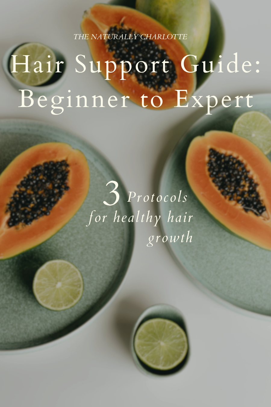 Cover image for a hair support guide featuring halved papayas and limes on green and white bowls.