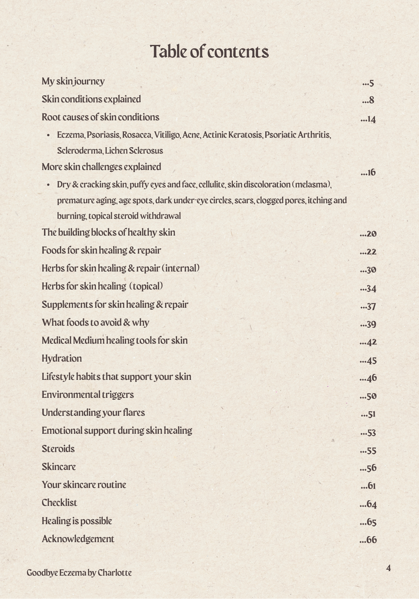 Table of contents for a skincare book or guide, listing topics such as skin journey, skin conditions, root causes, challenges, treatments, review, and closing remarks.