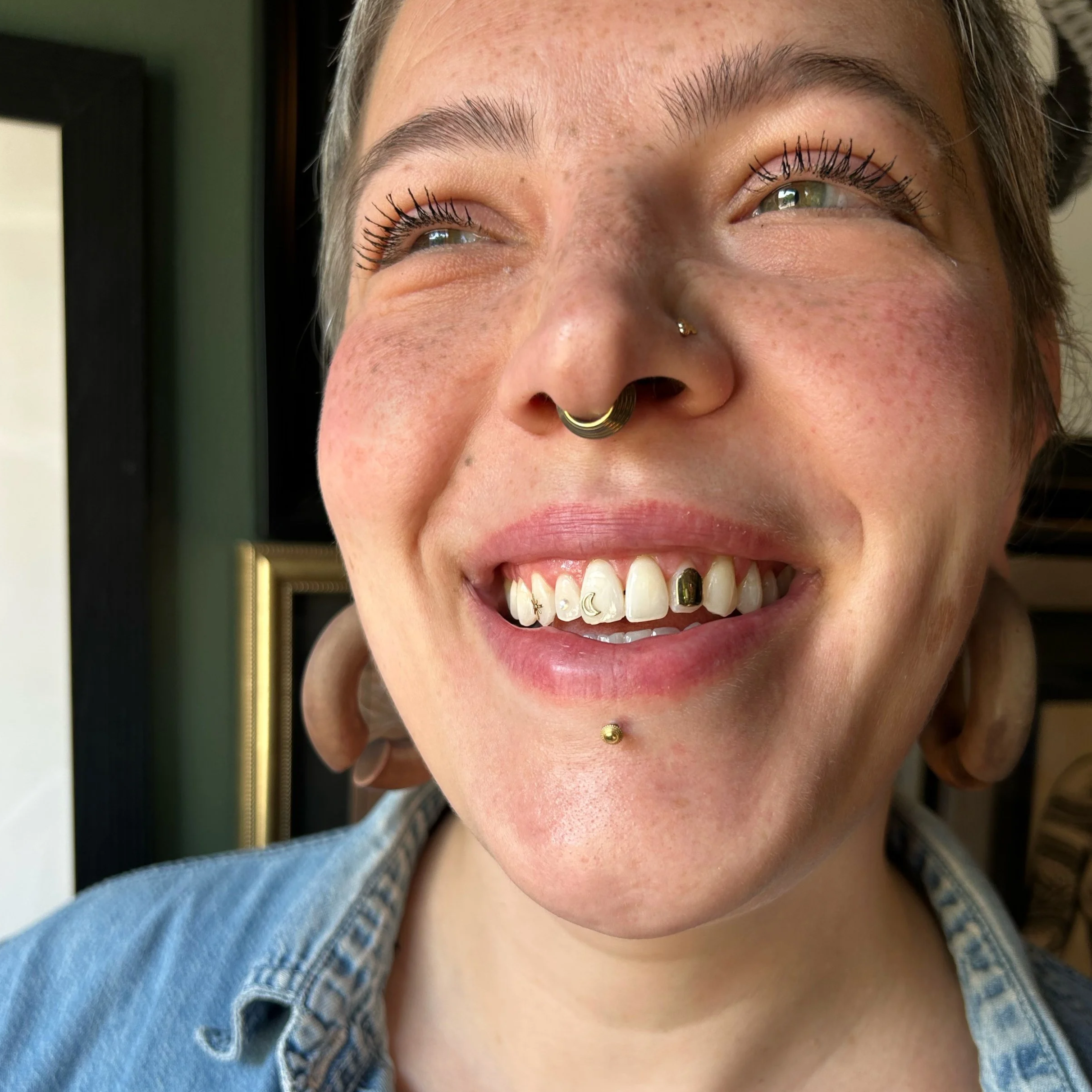 18k Yellow Gold Tooth Gems + 18k Yellow Gold Full Tooth Faux Cap Tooth Gem + Crystal Tooth Gem