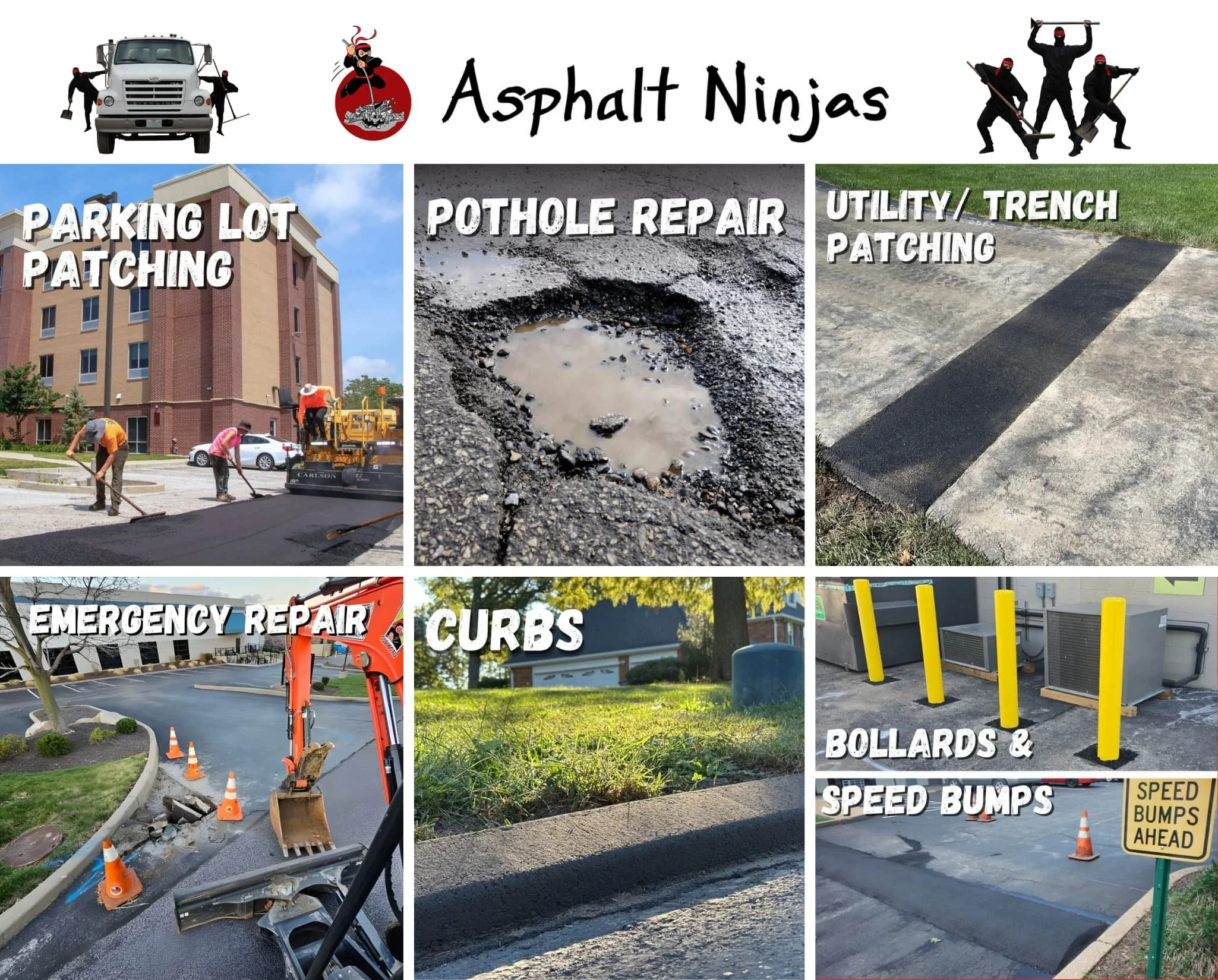 Grid of images showing various asphalt repair services: parking lot patching, pothole repair, trench patching, curbs, and speed bumps.