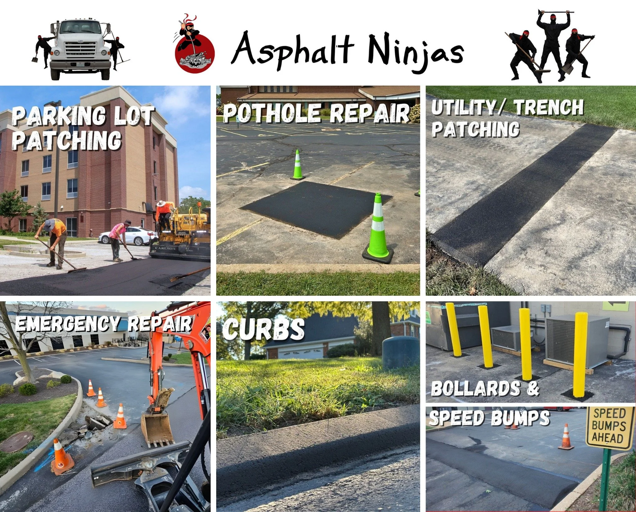 Are you ready for pothole season? We're almost there and our ninjas are ready to answer any questions you may have. Be safe driving out there ninjas! 

#asphaltninjas #asphalt #pothole #parkinglot #repair #bollards #emergency #curbs #patching #utilit