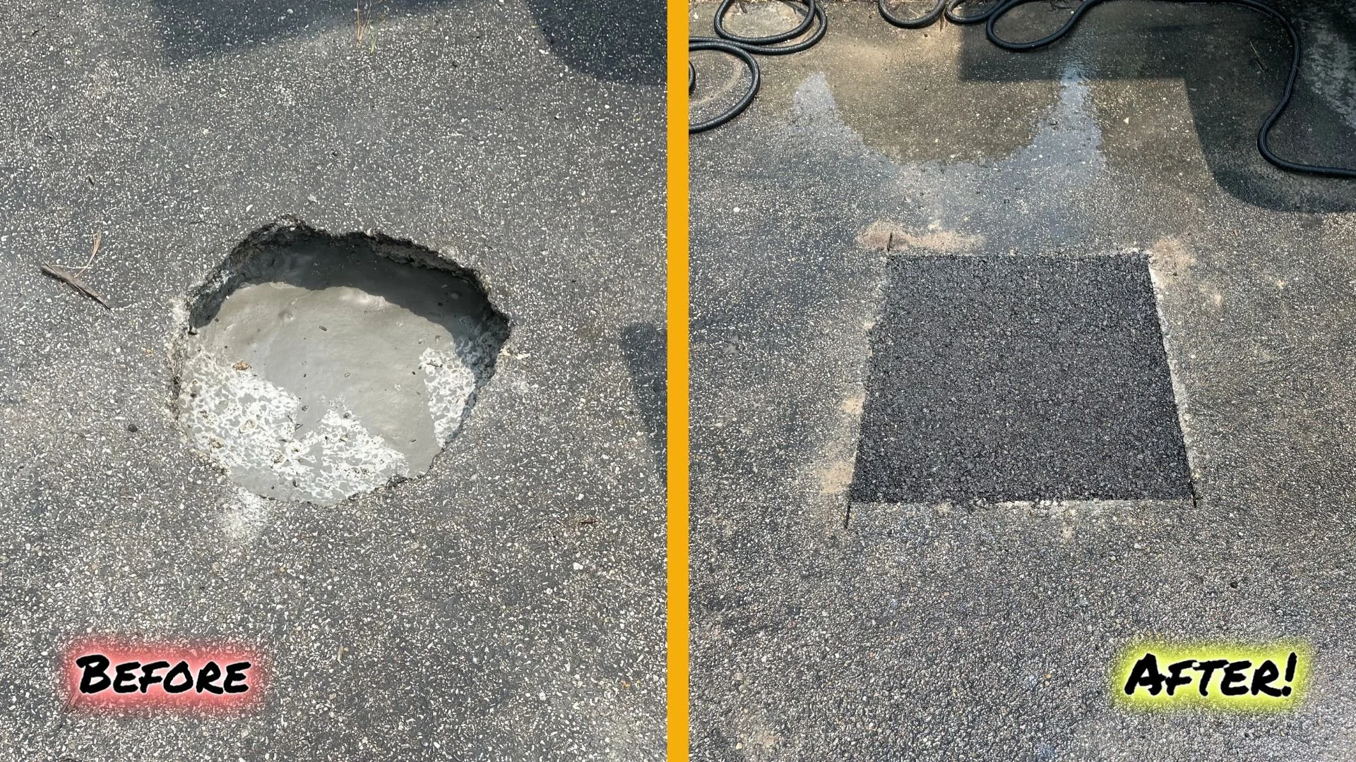 Keep your in-ground pools in your backyard, not on your driveway! Asphalt Ninjas was specifically designed to patch potholes like these quick and always affordable for our clients. Consider patching before looking into a full repave on your property!