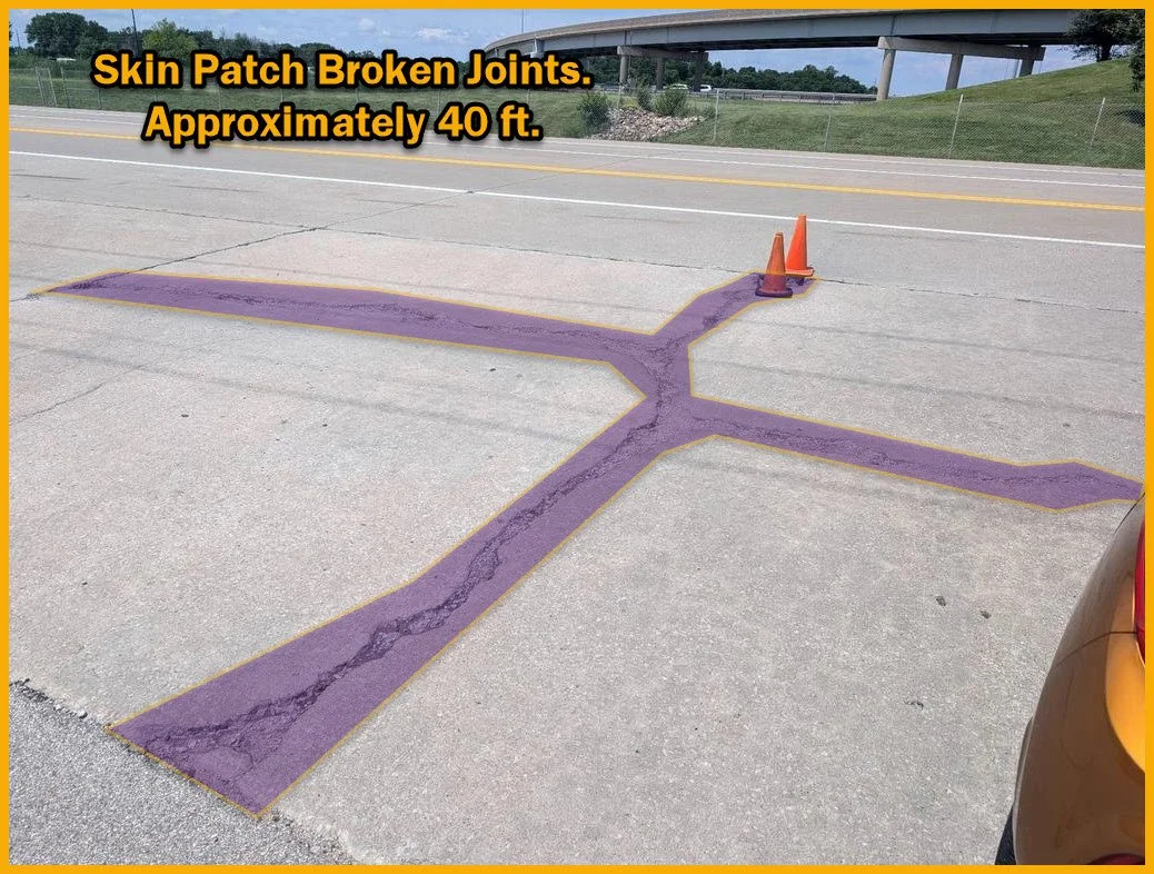 Broken concrete that has an overlay showing the spots that will be patched