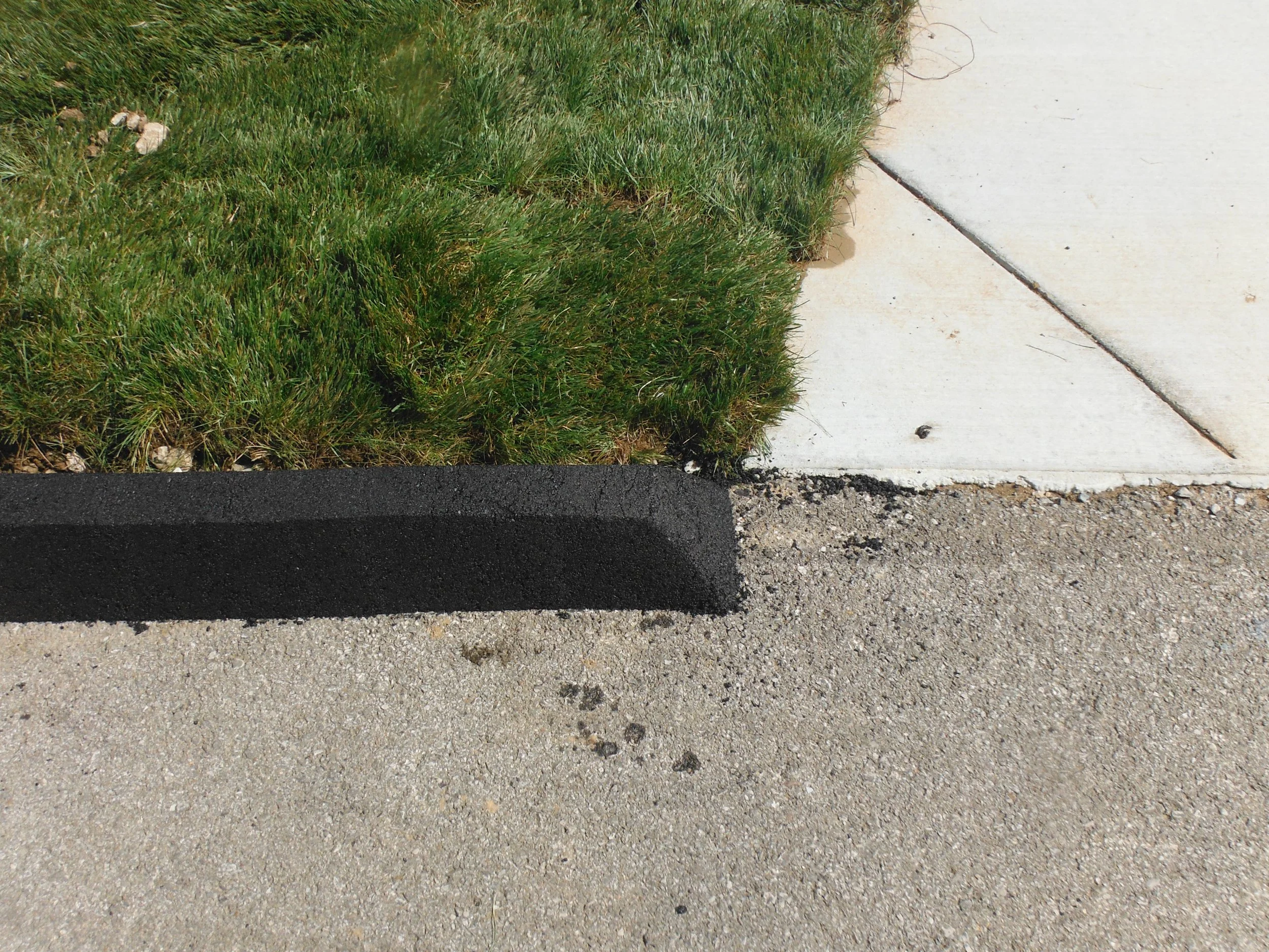 Close-up of a sidewalk and grass with a black painted curb in a residential area.