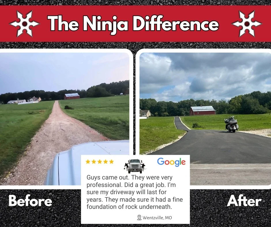 Gravel driveway in a before photo and a smooth asphalt driveway in the after photo. A 5 star google review that reads "guys cam out, they were very professional. Did a great job. I'm sure my driveway will last for years."