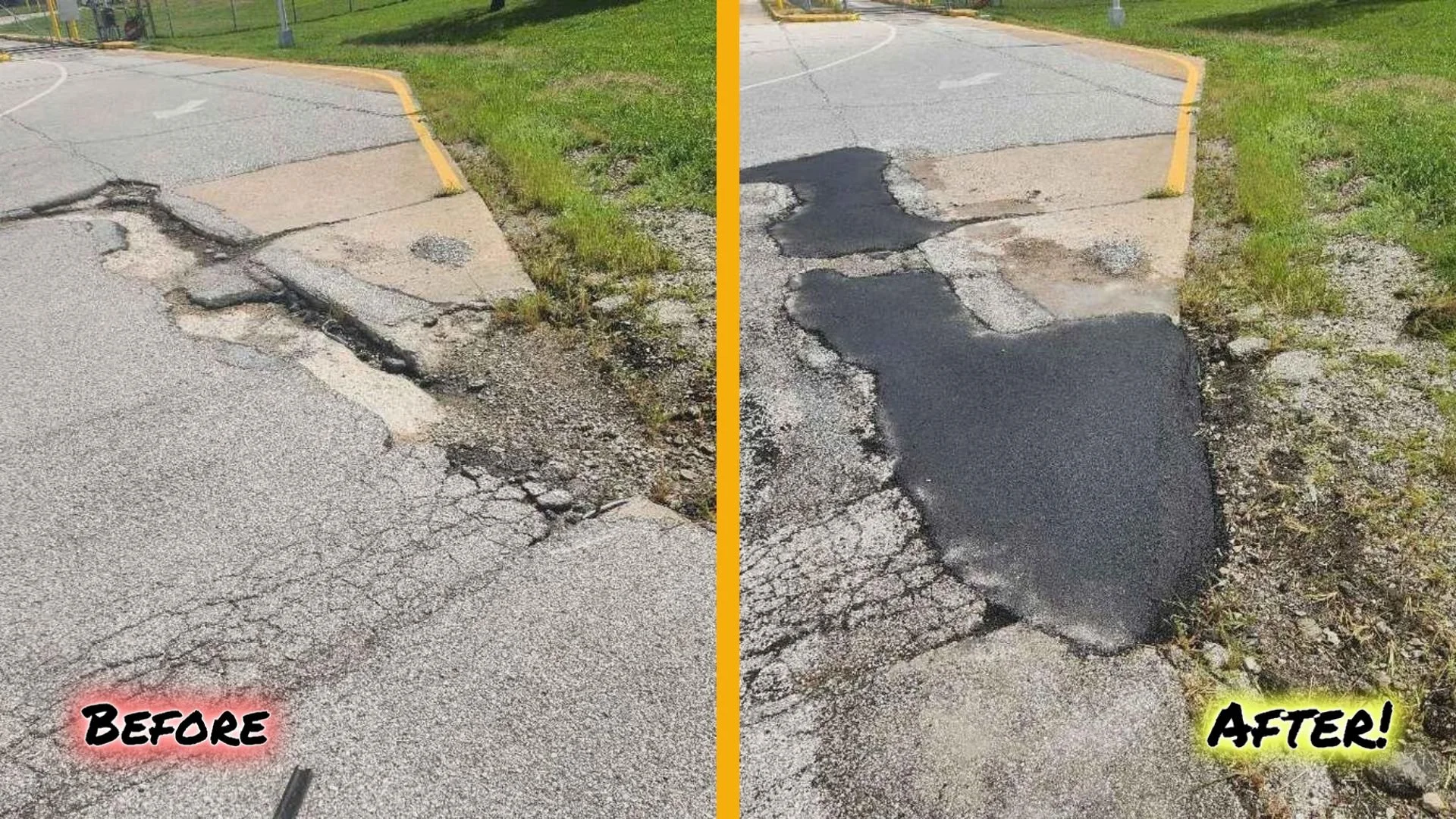 Split image comparing a damaged, cracked road side (before) and a newly repaired road with fresh asphalt patches (after).