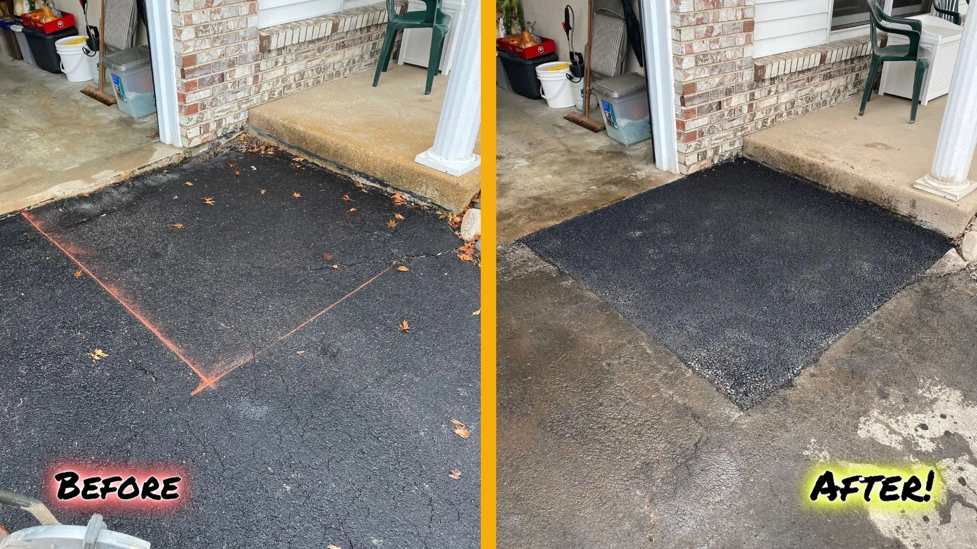 Ballwin front door step that is sinking, is repaired with fresh asphalt, squaring it perfectly. Water will now not get in the garage. before and after text overlays