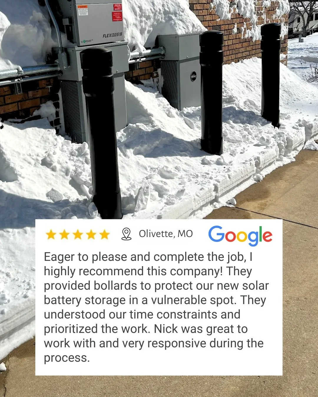 a google review graphic of customer happy with her purchase of 3 bollards that now sit in front of battery storage on her driveway. google review and she was happy with the speed this job was completed.