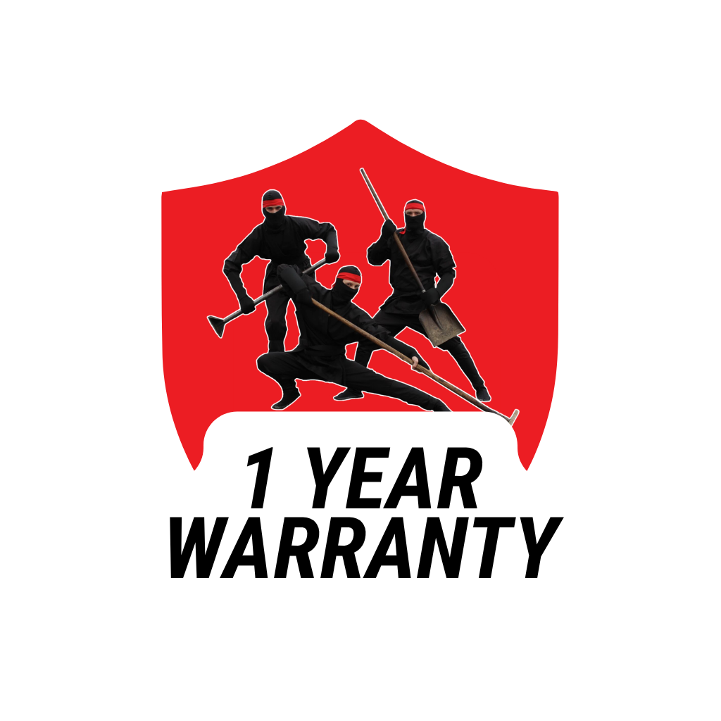 3 ninjas on a "1 year warranty" graphic with a shield shape behind it.