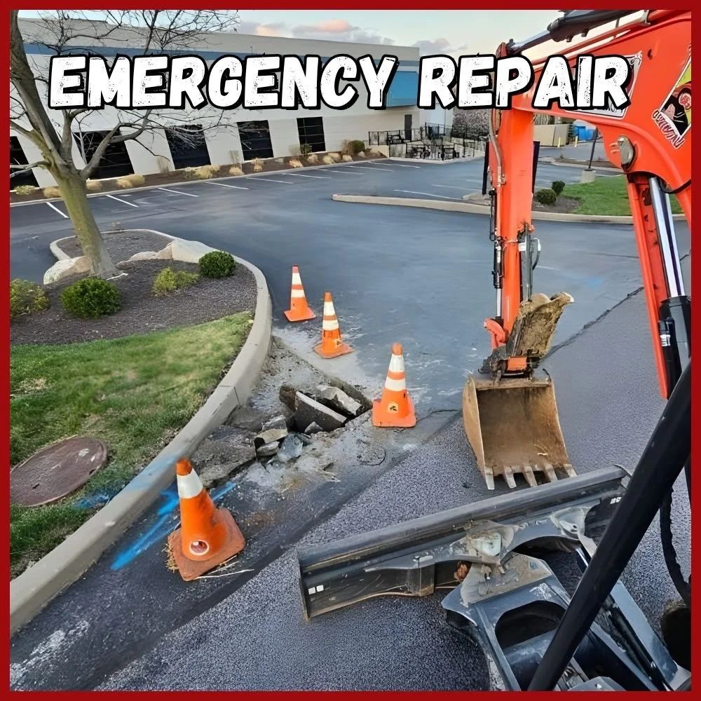 Emergency repair text over a orange excavator removing problem asphalt from an entrance of a industrial buildings parking lot in St. Louis Missouri