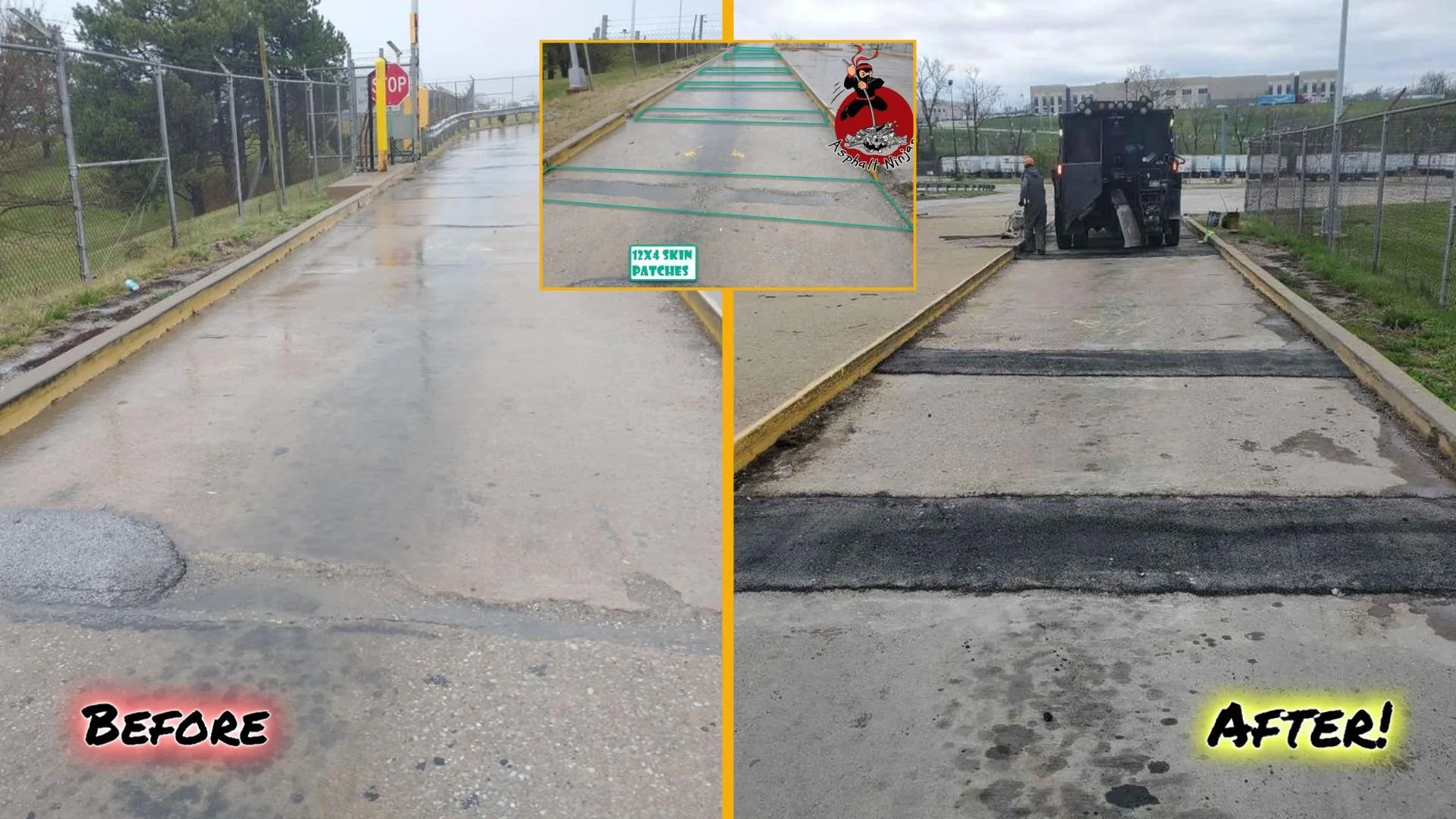 Split image comparing a damaged, cracked road (before) and a newly repaired road with fresh asphalt patches (after).