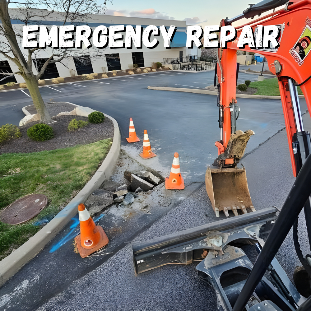 Emergency repair text over a orange excavator removing problem asphalt from an entrance of a industrial buildings parking lot