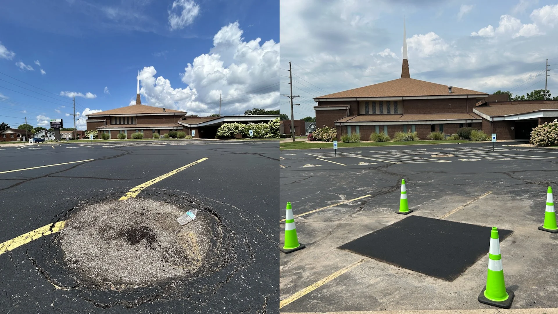 Side-by-side view: left, a pothole in a Church Parking Lot; right, the patched spot is now protected by green cones.
