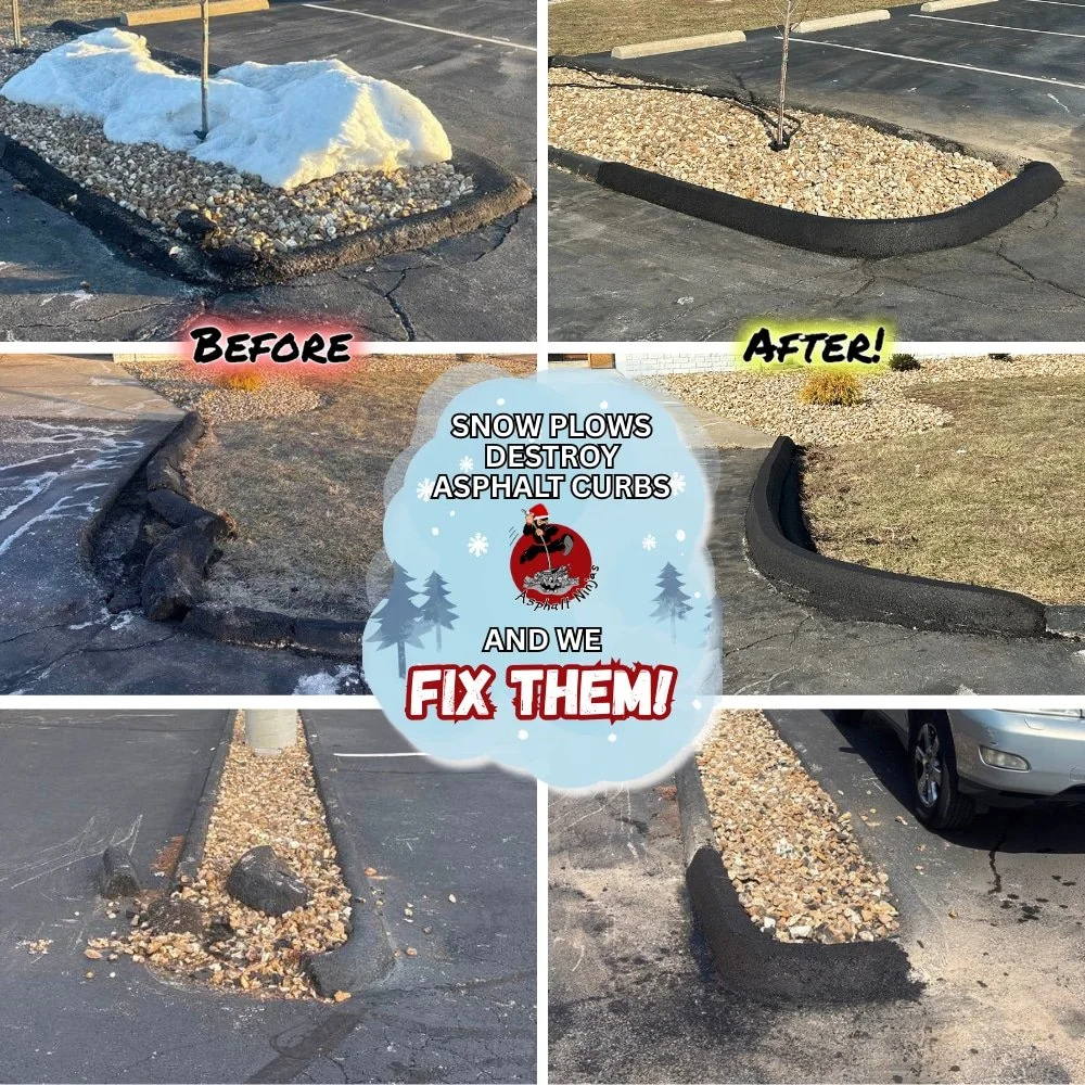 text Snow plows destroy asphalt curbs and we fix them!" over 3 before and after images of destroyed curbs and the afters of repaired curbs