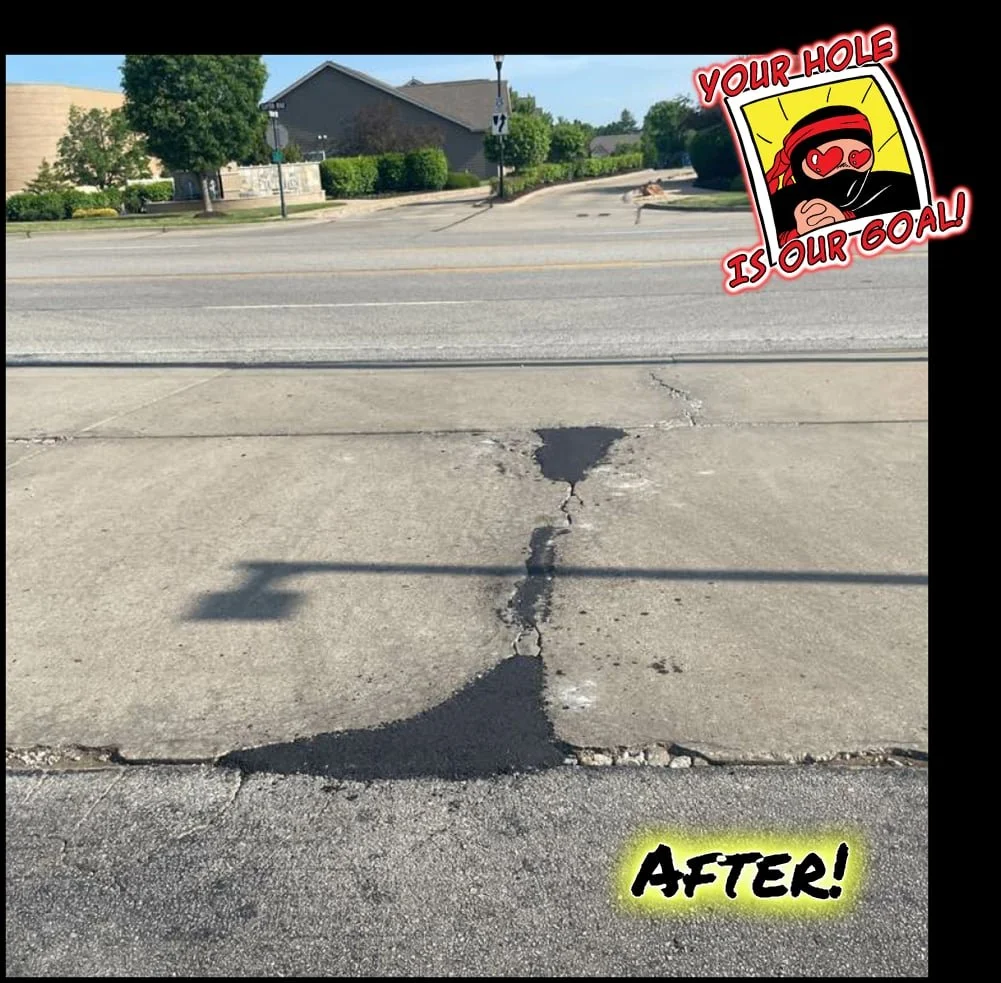 Asphalt repair project in downtown St. Louis. pothole is now filled with asphalt text reading "After"