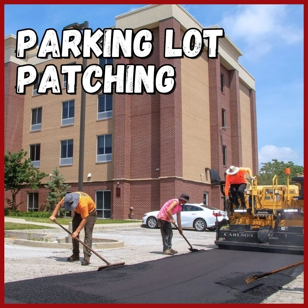 Parking Lot Patching text over an image of road crew fixing a hotel parking lot by installing fresh asphalt on surface