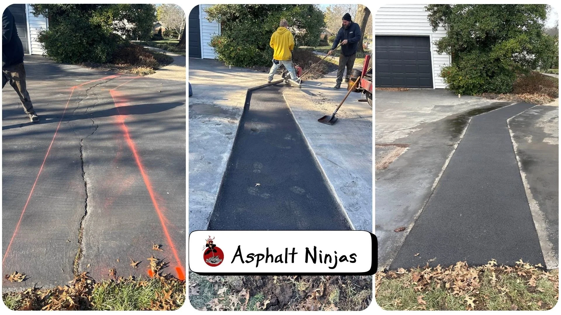 A crack across the width of a driveway that our team excavated and then replaced with fresh asphalt. The crack was marked with orange chalk line