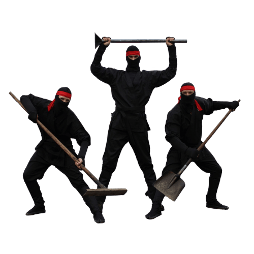 3 Ninjas, one holding a lute, another holding a tamp and the last one holding a shovel