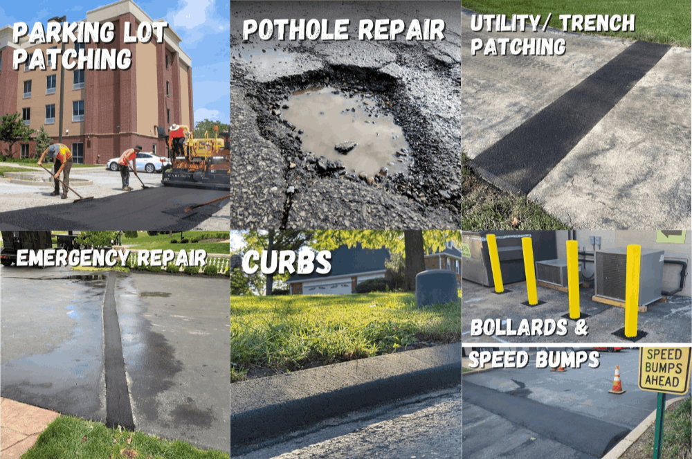 List of asphalt ninjas services, parkinglot patching, pothole repair, utility/ trench patching, emergency Repair, curbs, bollards and speedbumps, with a photo of our work with each one.