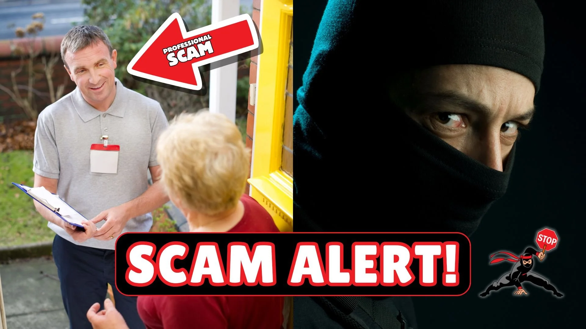 Door to door asphalt salesman trying to scam a poor old women with arrow pointing to him "professional scam". A large title reads "scam alert" with a ninja on the right side.