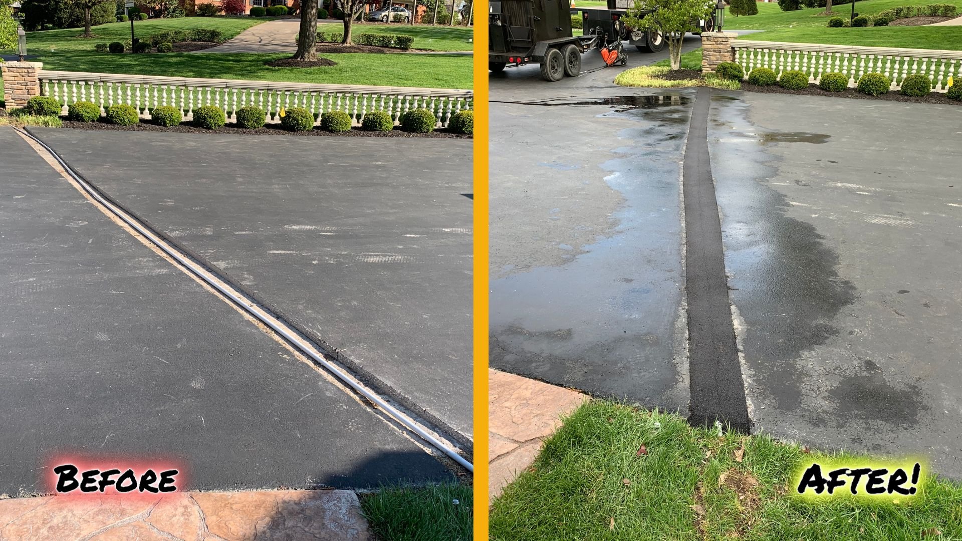 Ballwin Driveway that had a strip cut out to fit a drainage or sprinkler pipe, we replaced the gap with fresh asphalt. Making surface flush. before and after text overlays.