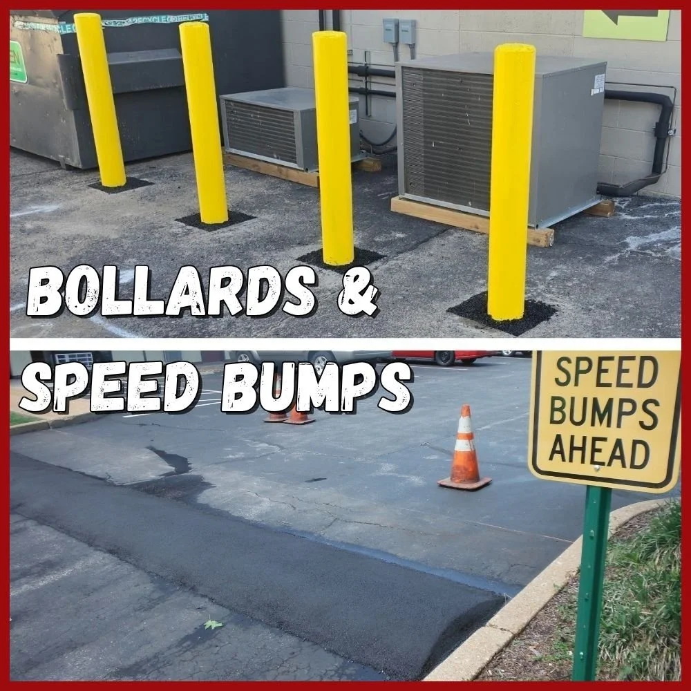Bollards and Speed bumps text over yellow bollards in a parking lot protecting equipment behind it and below is a freshly installed speed bump in a parking lot