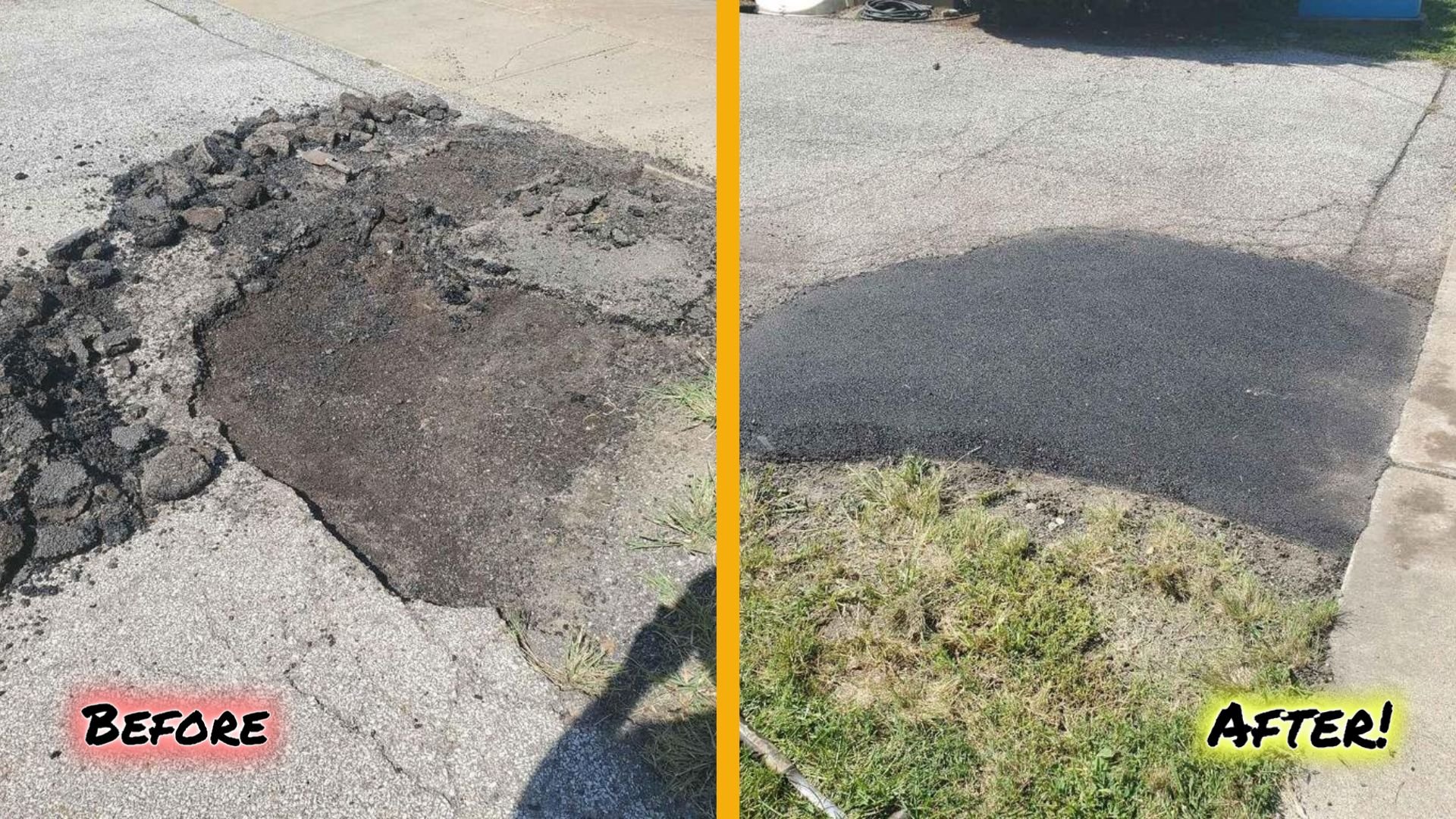 Broken asphalt and then fixed at a entrance of parking lot, with before and after text overlays