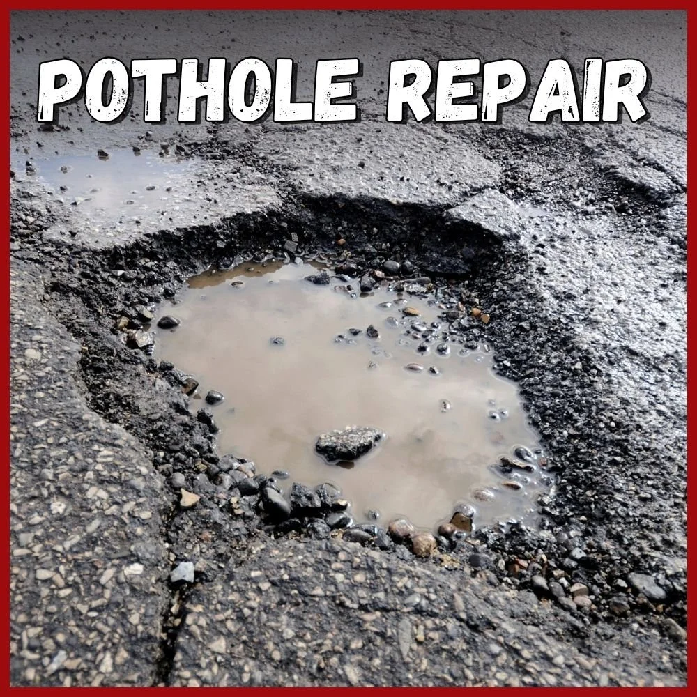 Pothole Repair Text over image of a pothole with water inside and cracks at its seams
